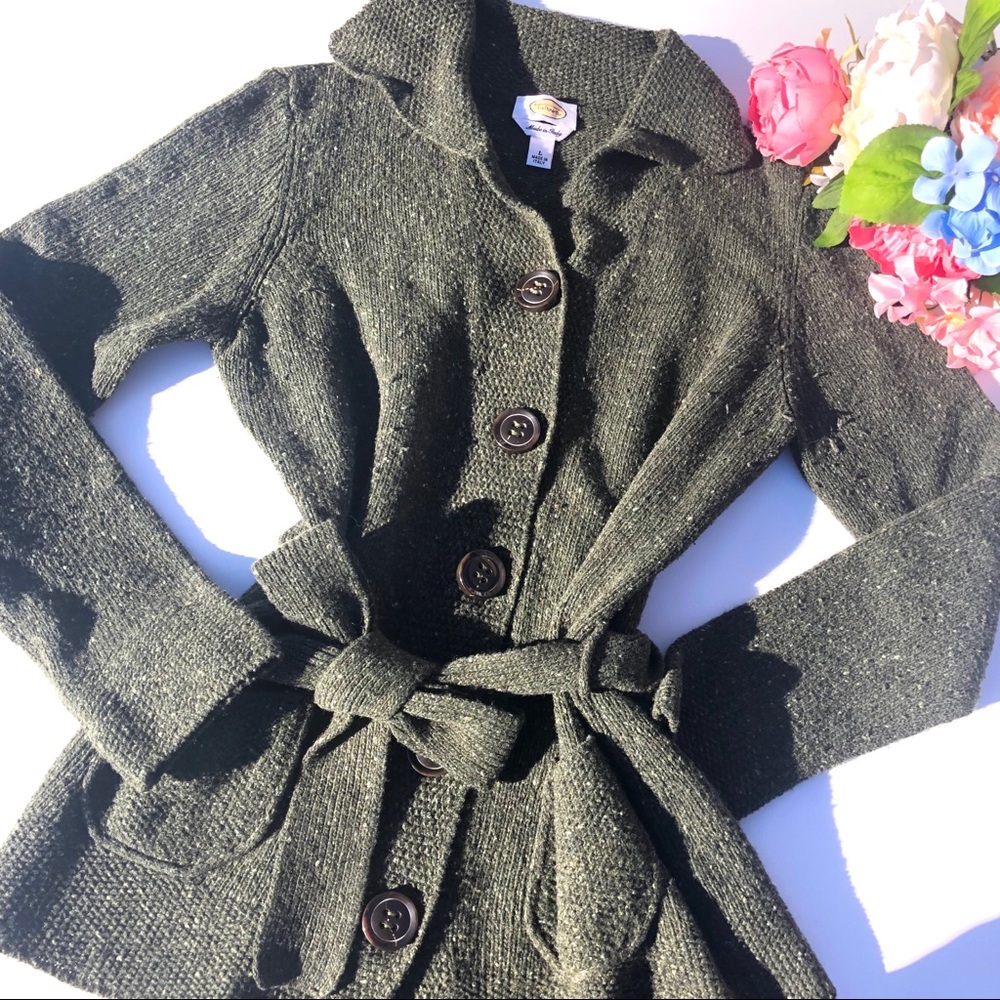 Talbots Wool Belted Cardigan Made in Italy Size L Green